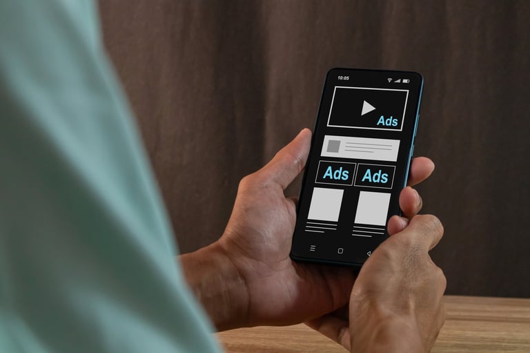 Man seeing advertisement on social media on his smartphone representing digital marketing strategy and ad content
