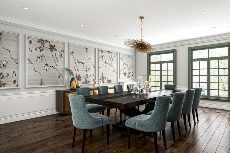 Elegant dining room with fresh modern paint, natural light, and sophisticated decor