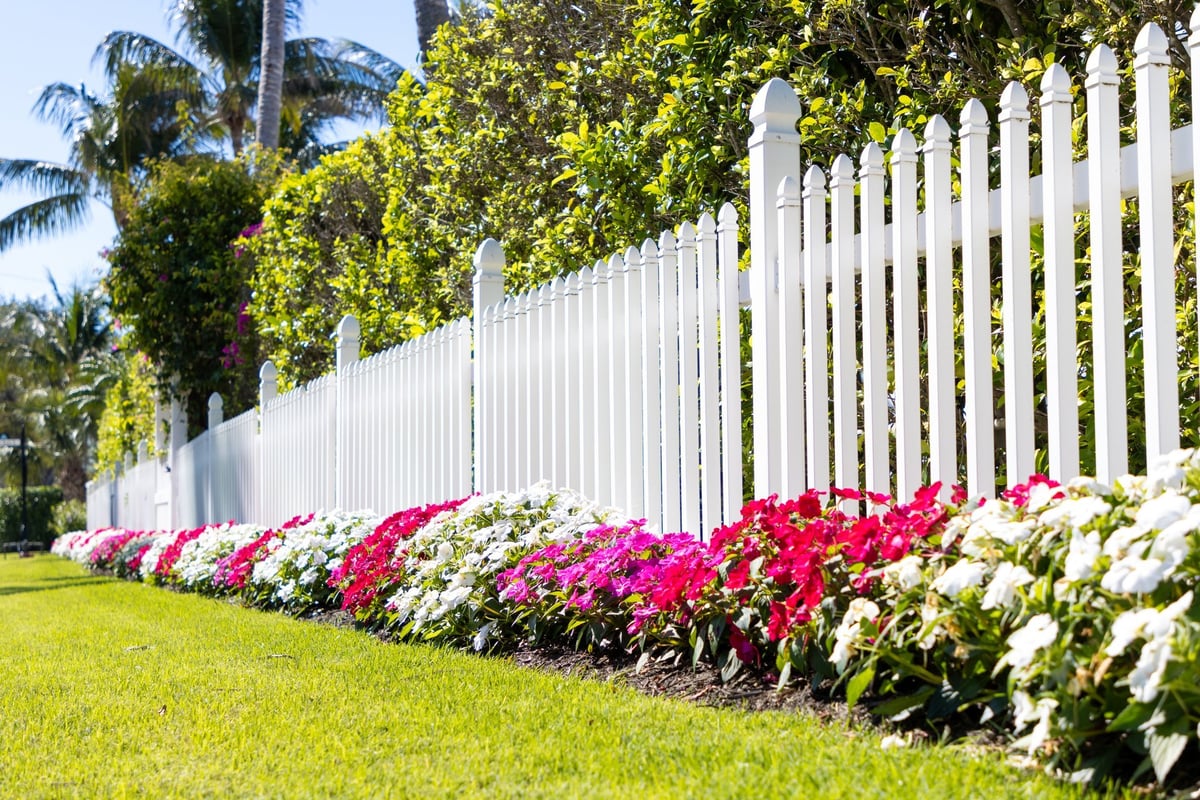 Colorful flowers growing along a white picket fence