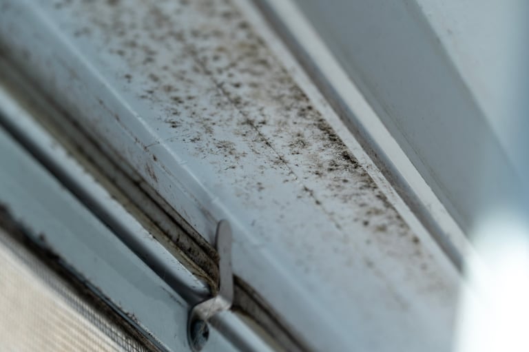 Dark mold and fungus growing along window sill