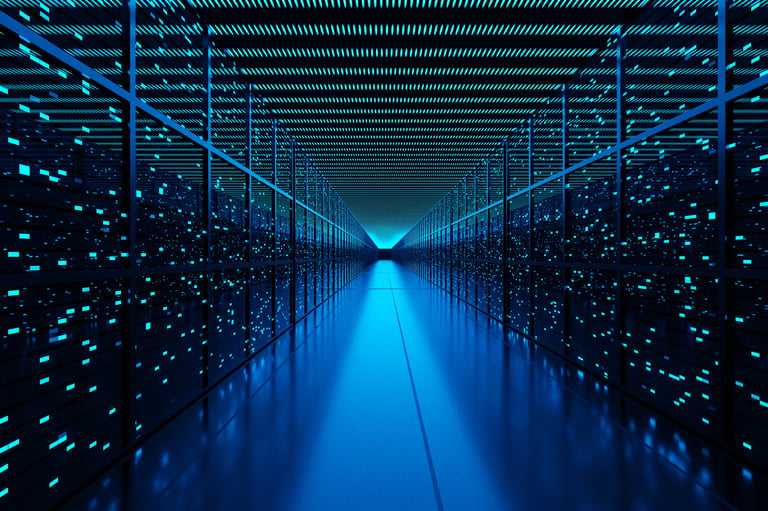 Server rack in data center con luci blu e infrastruttura cloud