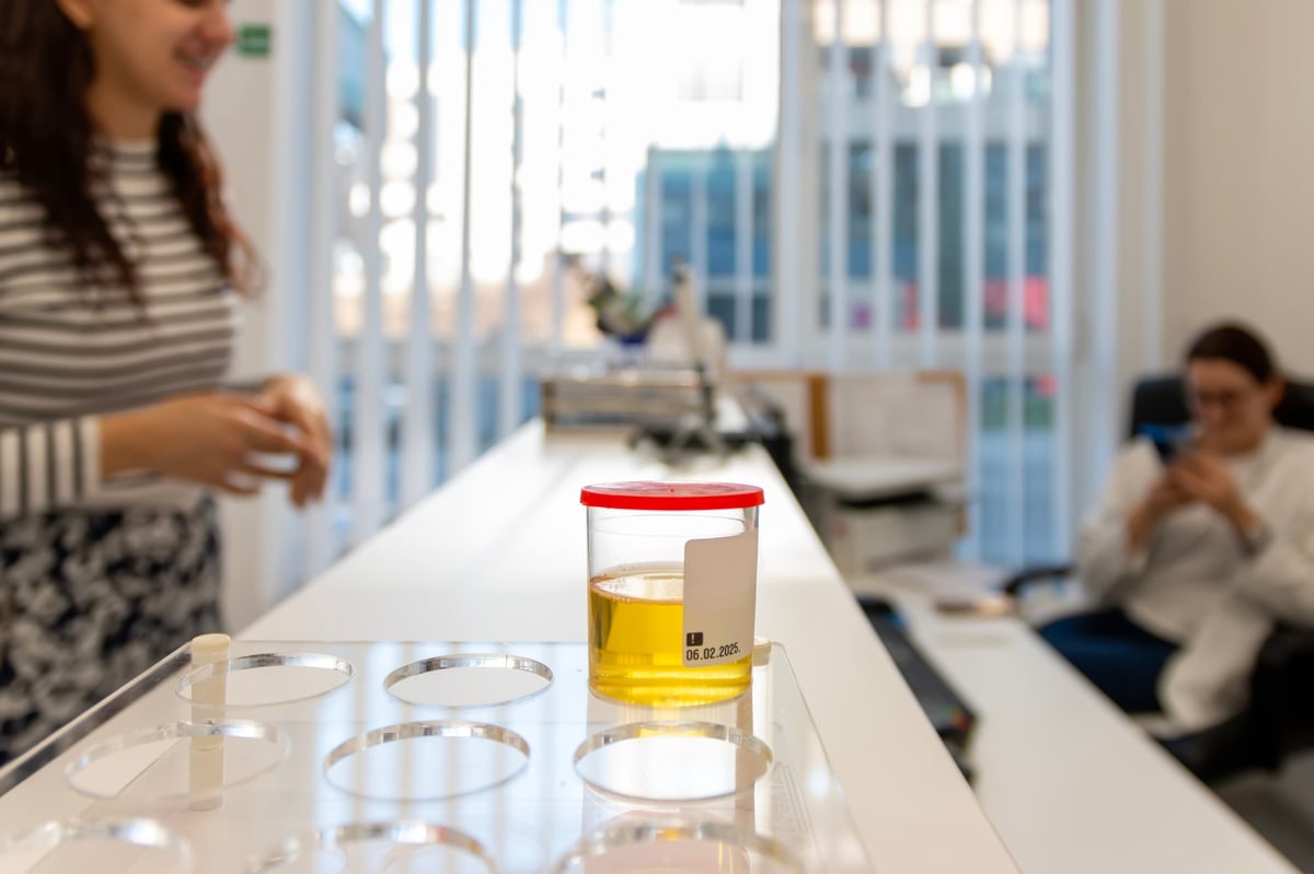 A young woman hands over a urinalysis in a laboratory