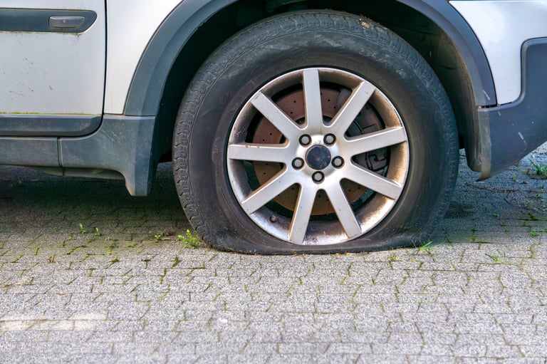 Flat tire in car, damaged tire on wheel.