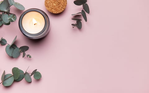 Ramas de eucalipto y vela aromática sobre fondo rosa