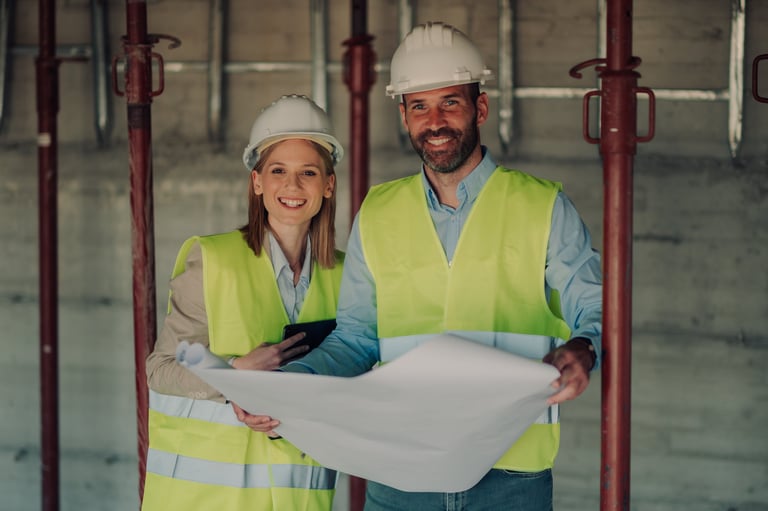 Dos ingenieros civiles revisando planos en obra con casco de seguridad