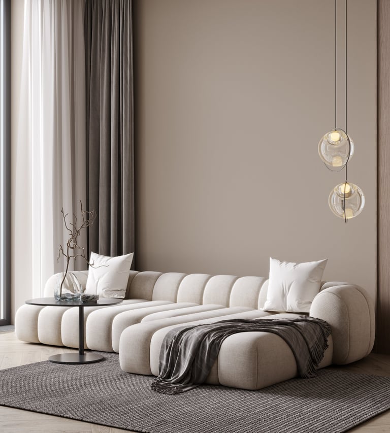 Clean beige wall in modern living room interior with white couch