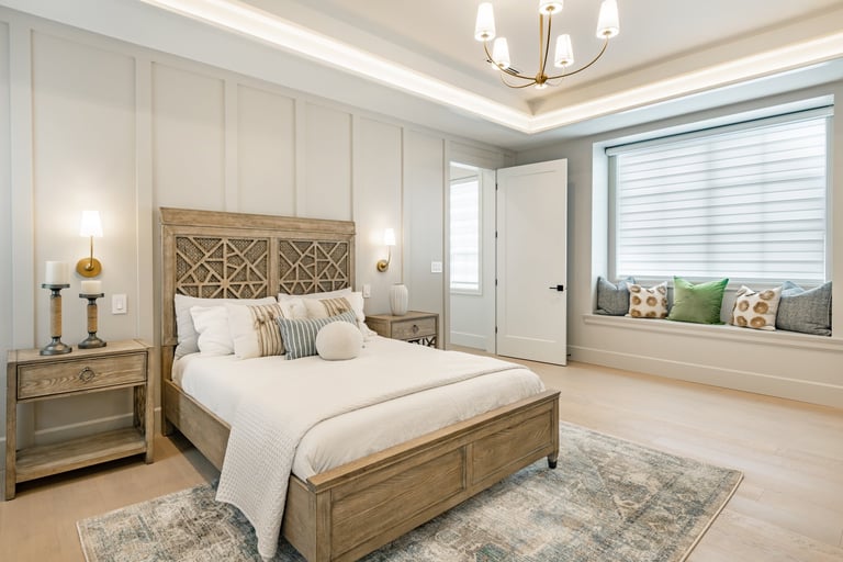 Spacious luxury master bedroom with wooden bed, houseplants, and fresh natural light — clean air starts where you sleep