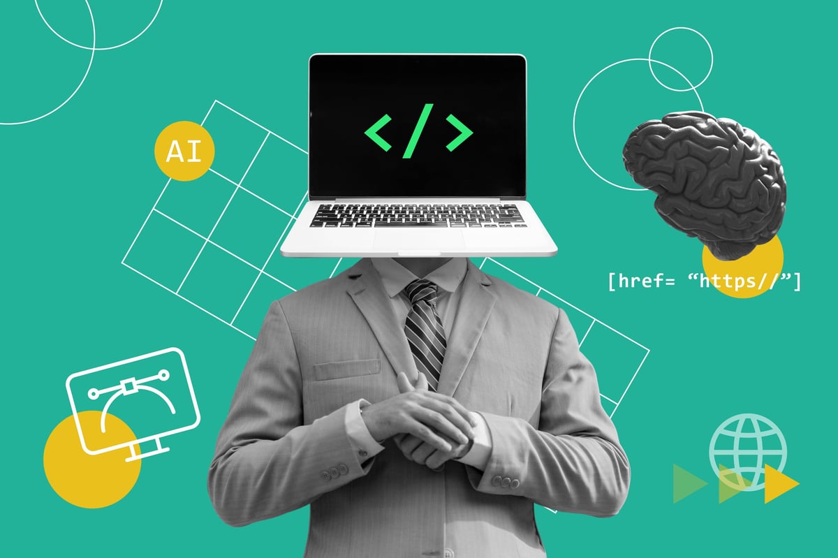 Machine learning to help coding, programming, and website development. Man with laptop head with tagging symbol and elements, AI agent collage illustration concept.