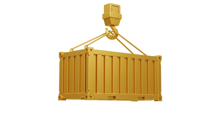 A container unit being lifted by a crane during delivery