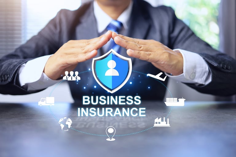 Business insurance concept with team and building protection icons