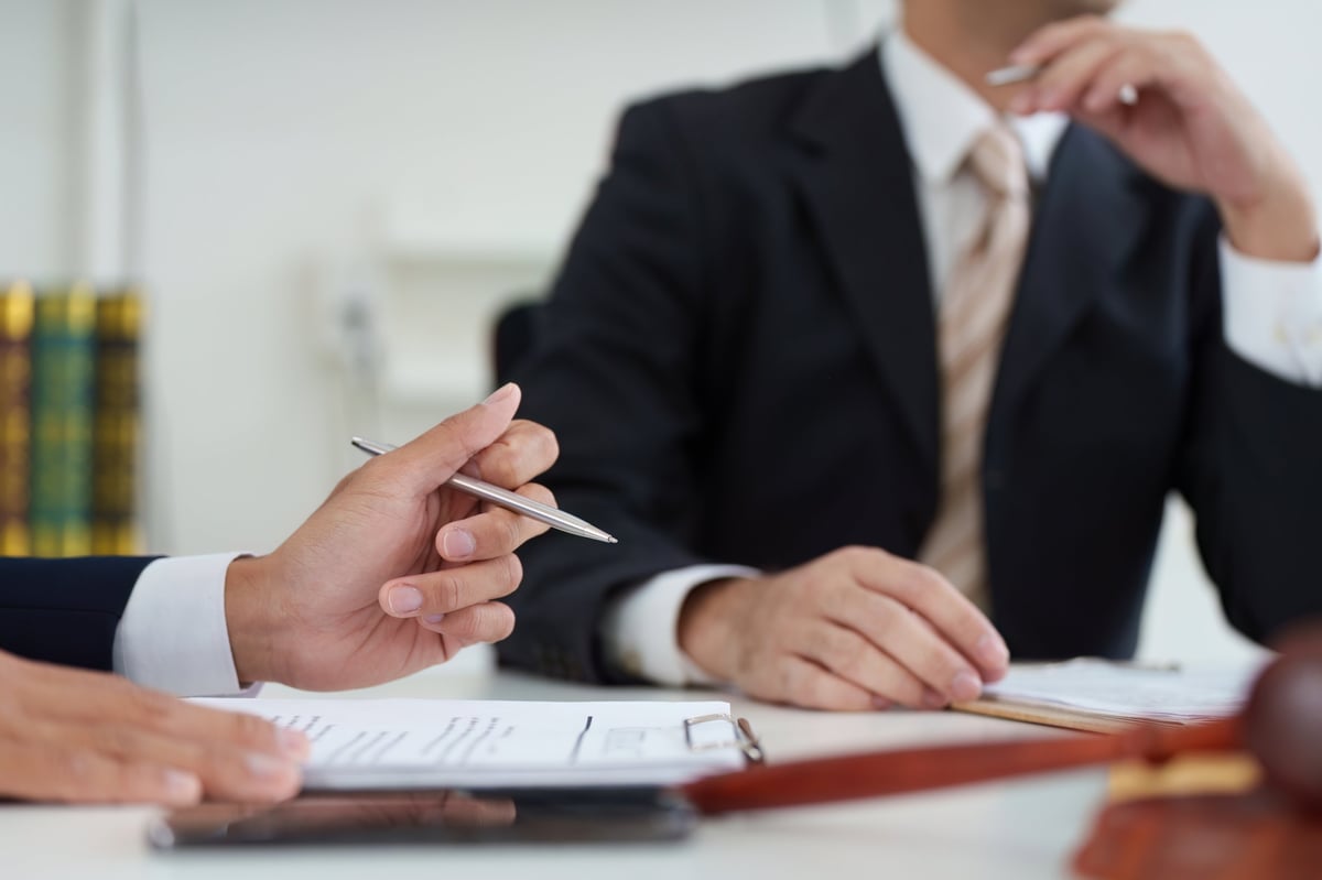 Professional legal consultation with a client reviewing documents