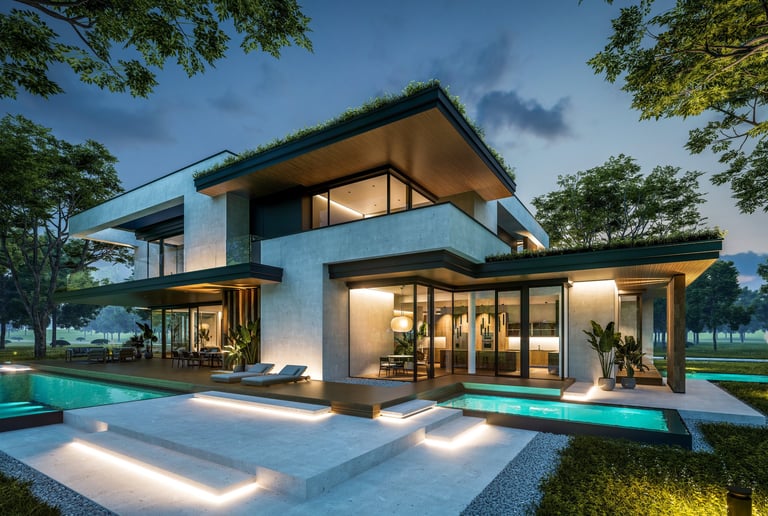 Renderizado nocturno de vivienda con piscina