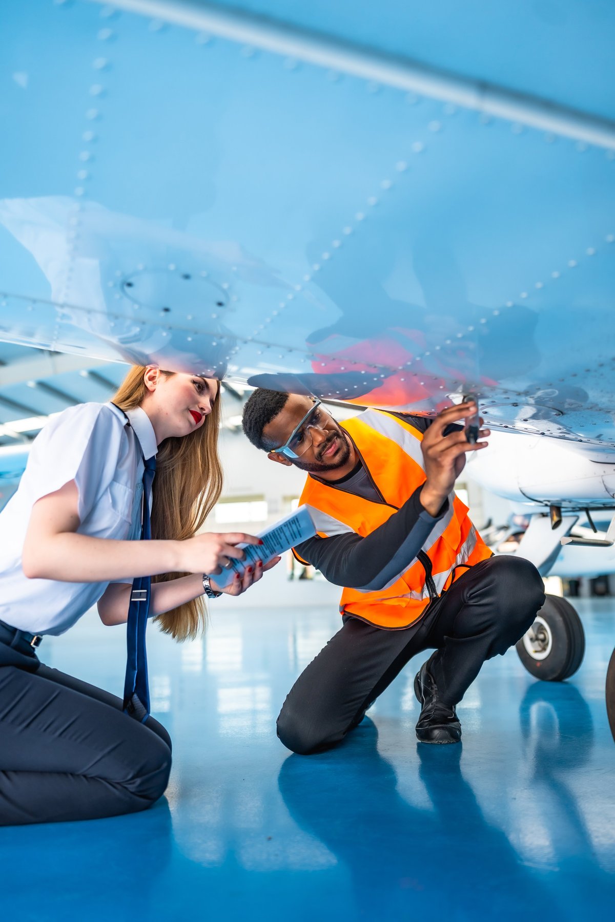 Aircraft maintenance engineer and a pilot are kneeling and inspecting the underside of an airplane in a hangar