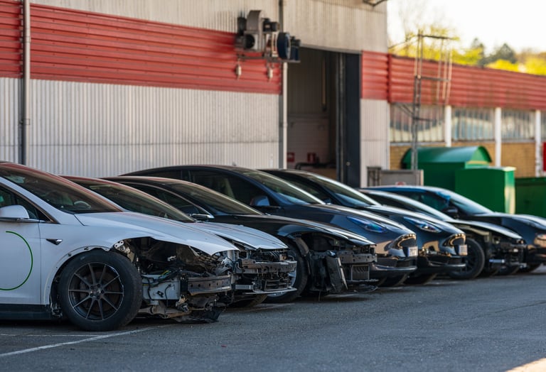 Damaged Tesla cars parked outside repair facility