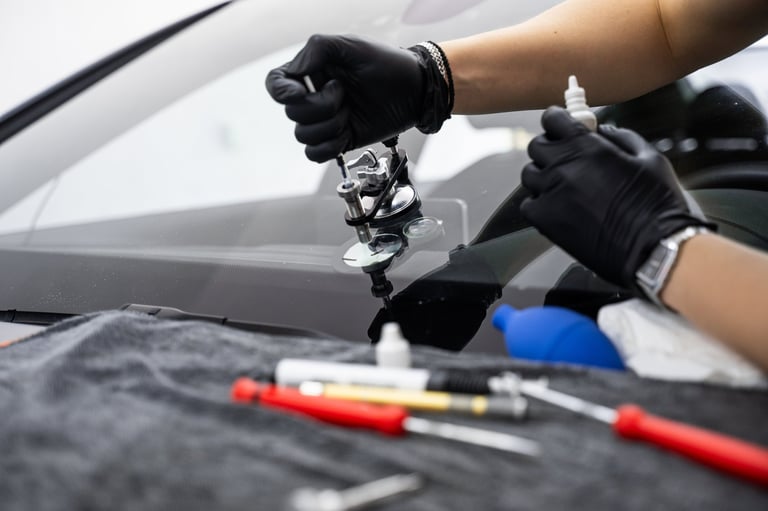 Cracked windshield restored using resin injection.