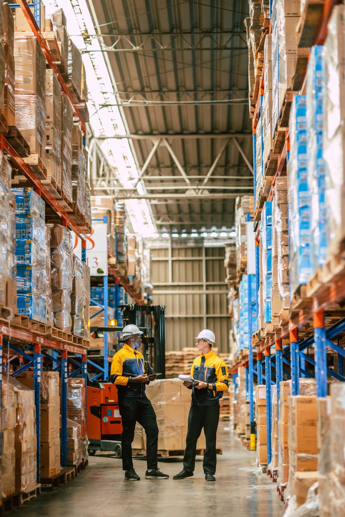 Amazon warehouse workers working together in a modern fulfillment center