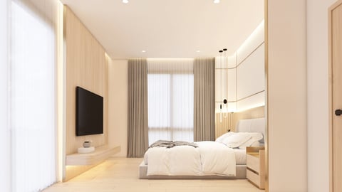 Minimalist bedroom with wood accents