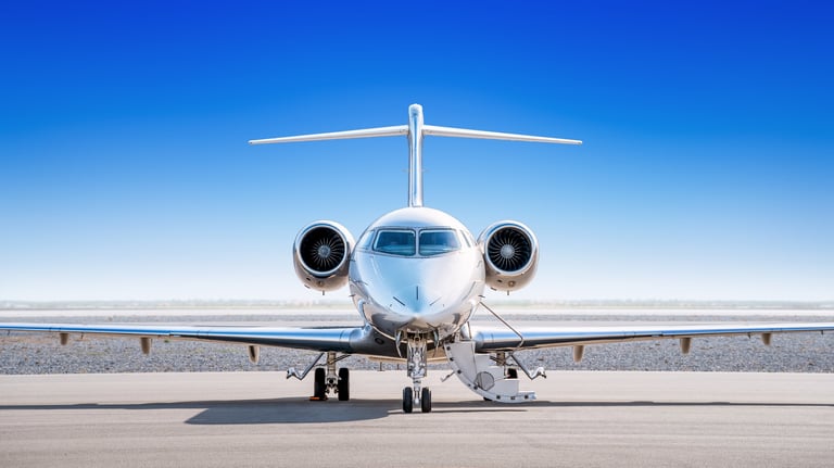 Private jet ready for boarding against a blue sky