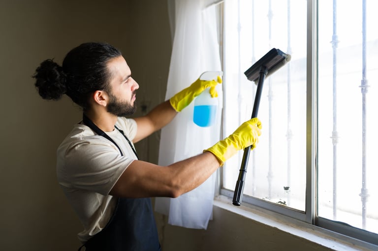 Thorough window cleaning with protective gloves