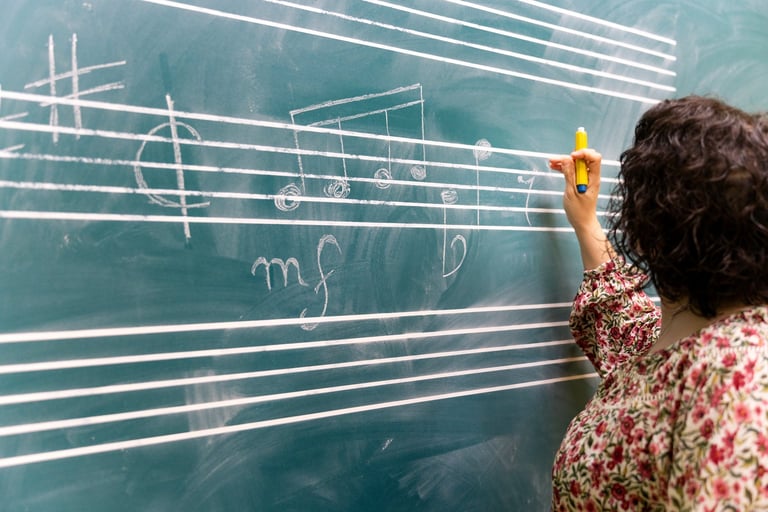 Professor de música escrevendo notas musicais na lousa