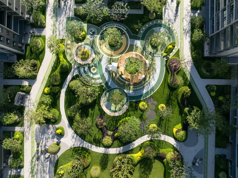 Public garden between modern apartments