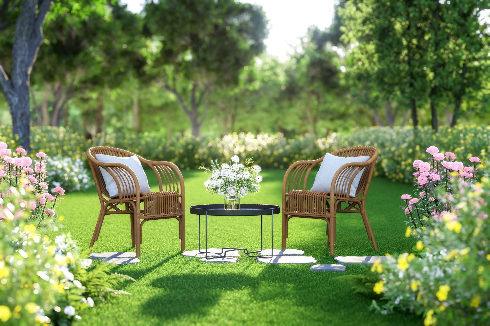 Lush garden patio with bench and table surrounded by greenery