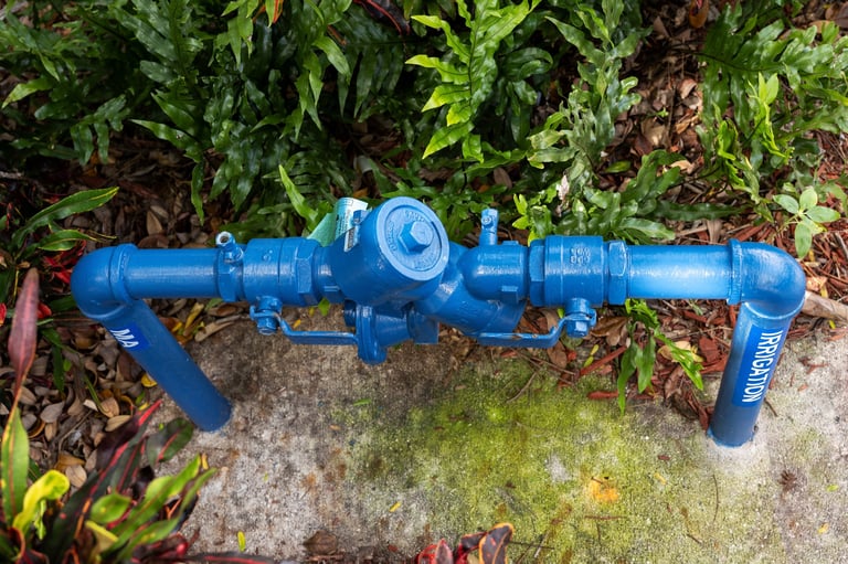 Blue water sprinkler control valves and PVC pipes for landscape irrigation
