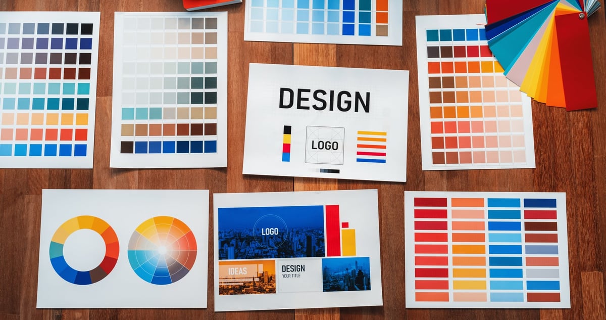 Colour palette idea papers arranged on a workspace for a graphic design concept