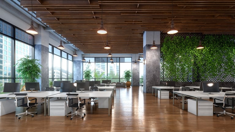 Open office with large windows view