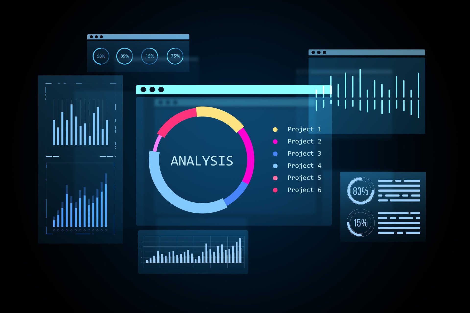 Premium financial data interface with analytics charts on dark background