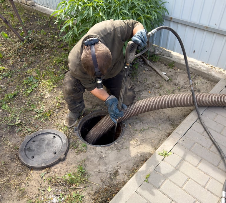 Professional plumber working on a sewer line with dedication