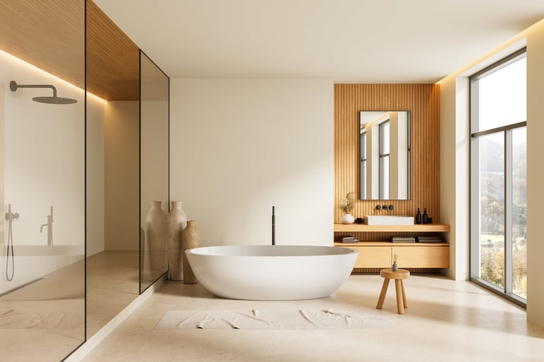 Elegant modern bathroom with white freestanding tub, wood paneling, and natural light — pure water for every shower and bath