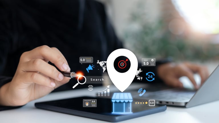Hand using digital tablet with virtual icons of local search, business rating, customer review and online marketing