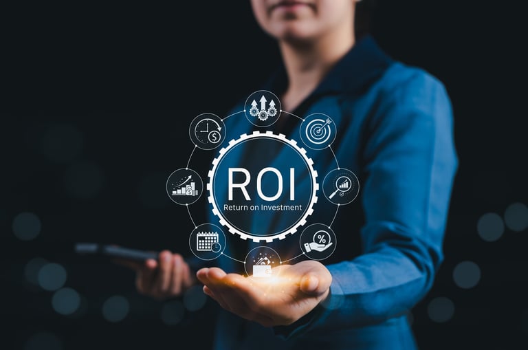 Businessperson holding digital icon representing ROI financial strategies and return on investment analysis