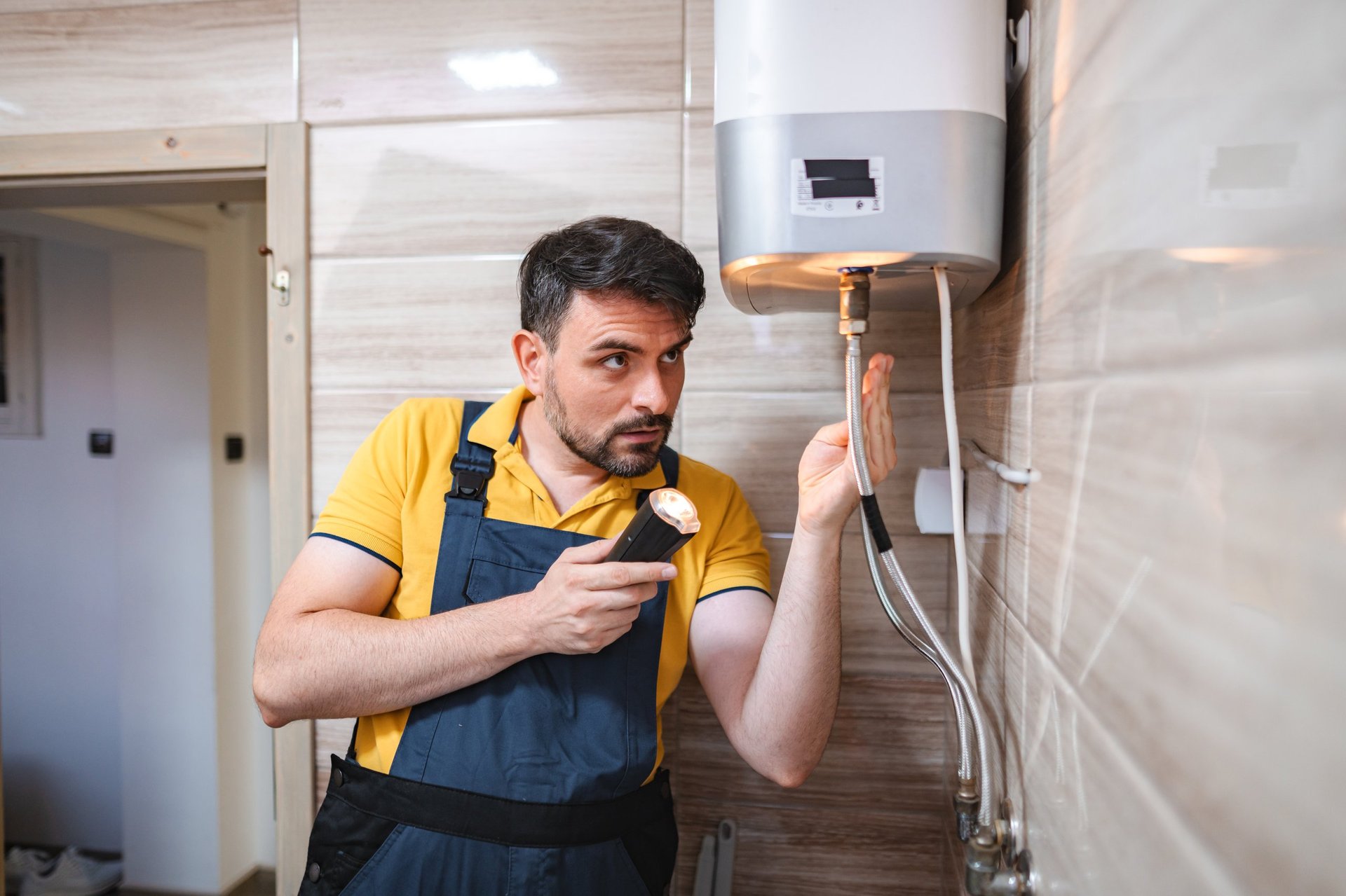 Plumber at work inspecting a water heater