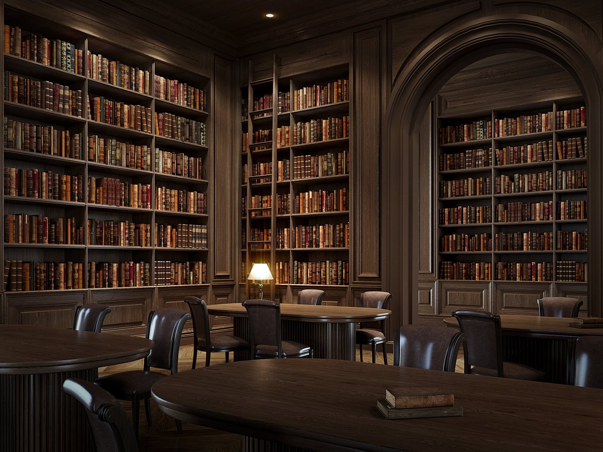 Tall wooden library shelves filled with classic hardcover books