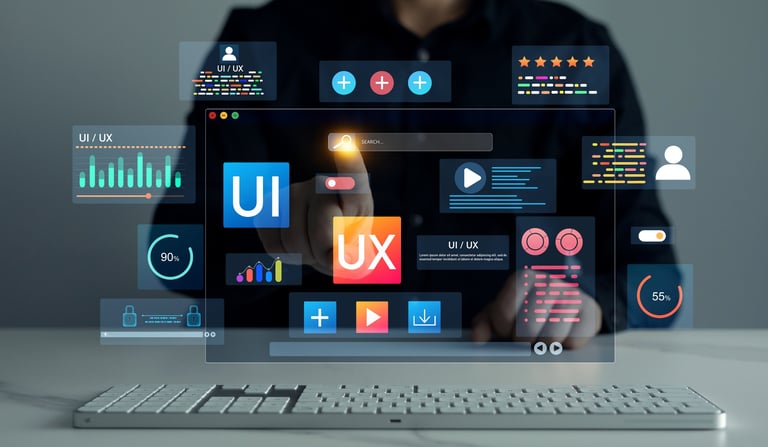 UX-UI Designer am Arbeitsplatz — Webdesign-Konzept mit holografischen Interface-Elementen