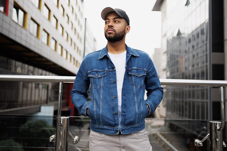 A model wearing a denim jacket