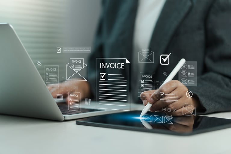 Businesswoman managing digital invoice processing and payment workflow
