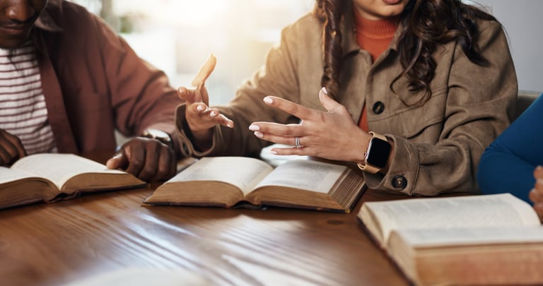 Hands, explain and group for Bible study, worship or learning gospel for religion, faith, Christianity and knowledge of God