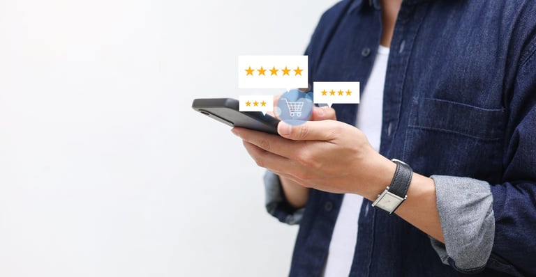 Close up of person holding smartphone checking rating score of business with customer satisfaction and online shopping concept