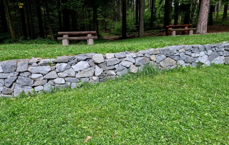Sandstone walls, terraced stone flowerbeds with lavender and ornamental grasses
