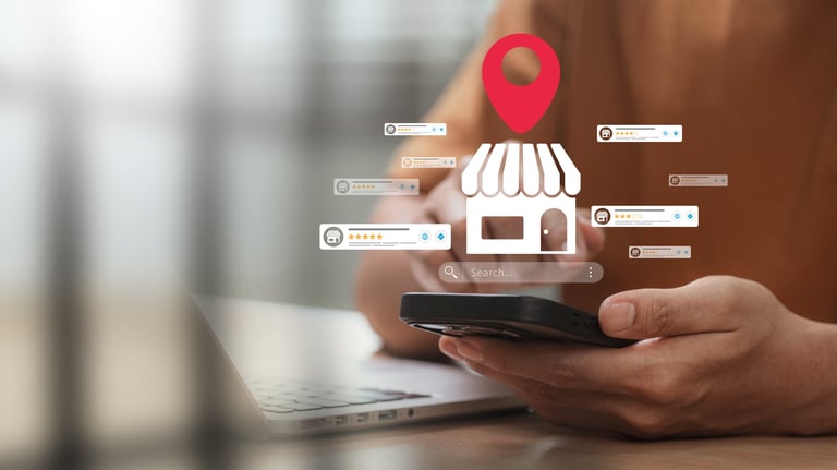 Smartphone showing local business search with SEO strategy, customer review rating, and location pin for digital marketing