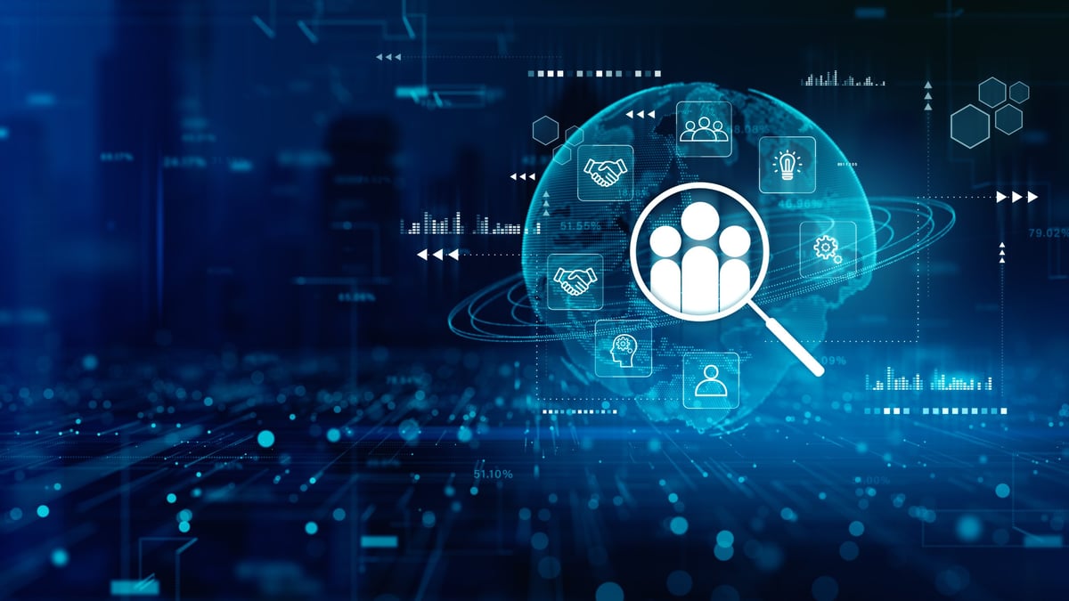 Human resources analytics and recruitment concept with global network, digital icons, and data interface for modern workforce solutions.