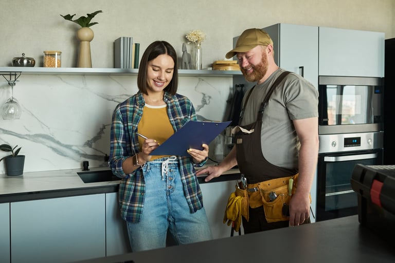 Customer and worker reviewing documents in modern kitchen