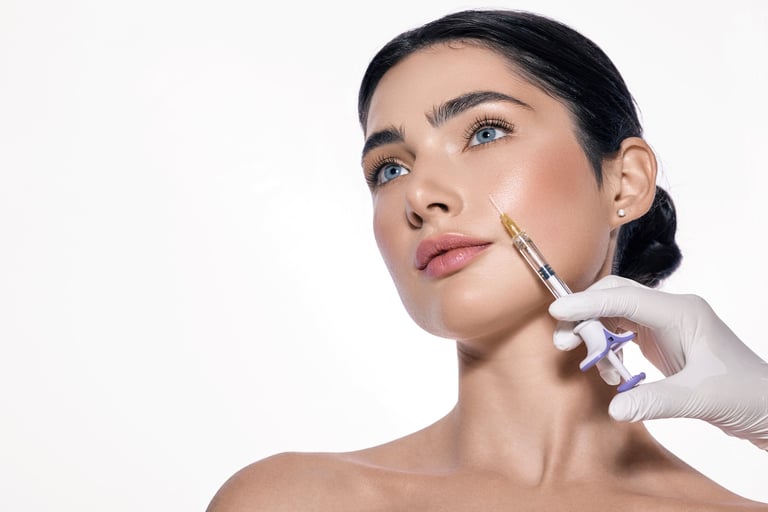 Cosmetologist doing beauty injection into nasolabial folds