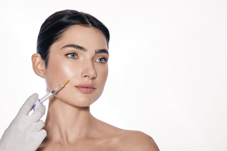Cosmetologist doing injections dermal fillers into female cheeks