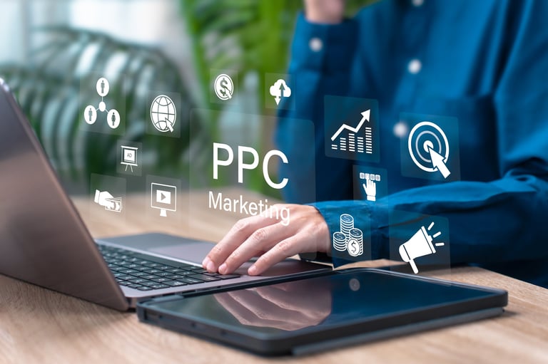 PPC marketing and pay-per-click advertising strategy with businesswoman analyzing ads dashboard and digital marketing campaign optimization