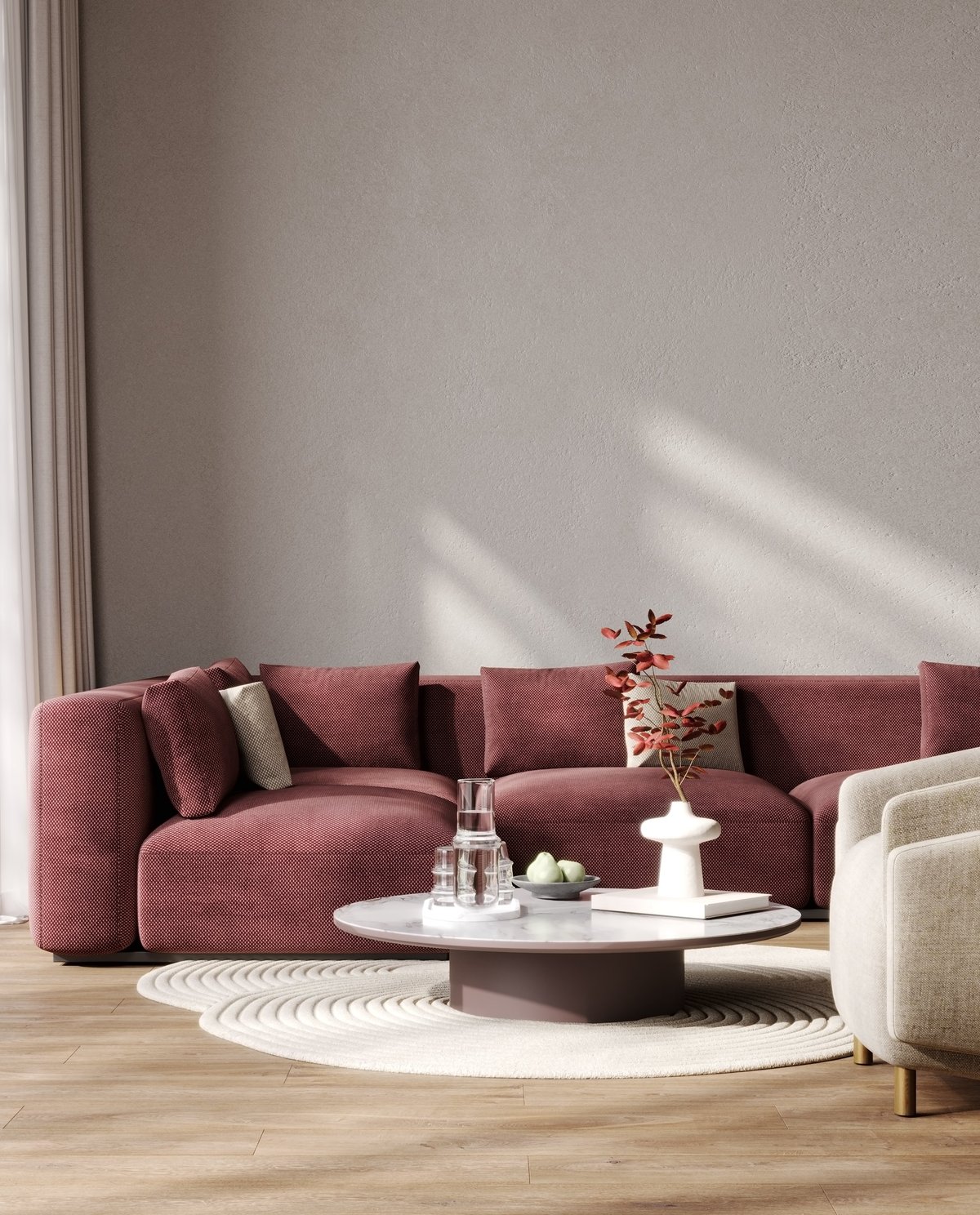 Stilfullt oppsatt stue med rød sofa
