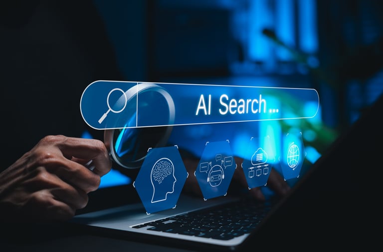 AI search engine technology with person using laptop featuring AI-powered search bar and digital icons for online visibility